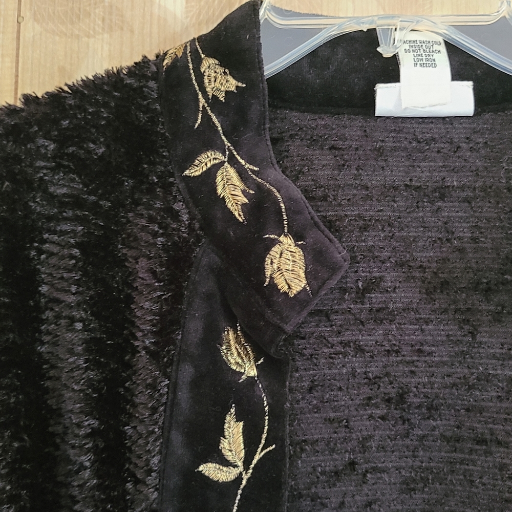 Graff Black Teddy Soft Floral Vines Embroidered Gold Leaf Open Cardigan Large - Picture 5 of 10
